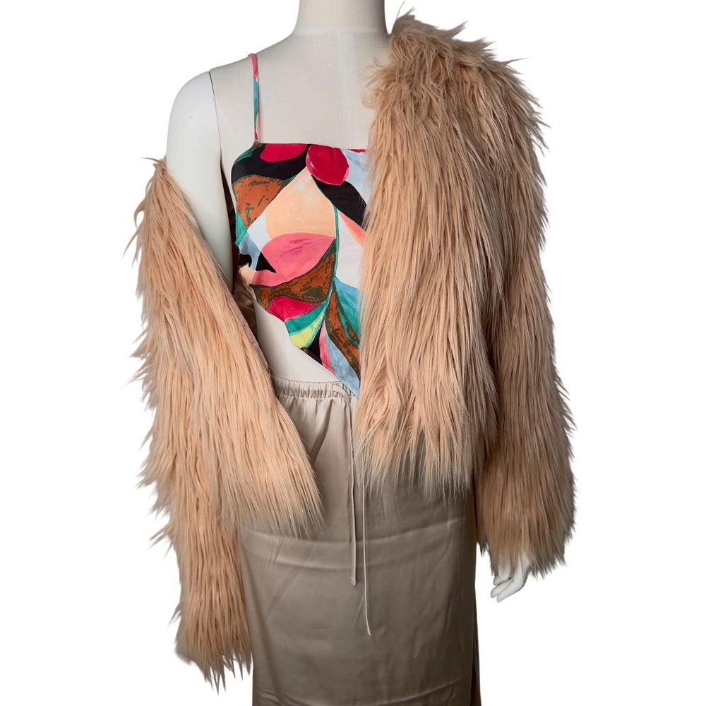 Peach Shaggy Faux Fur Jacket Open Front Cropped Coat Pink Small